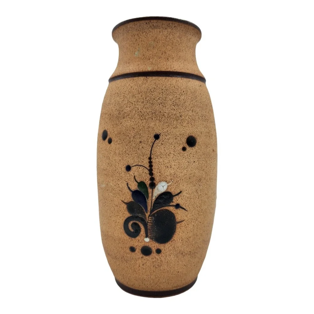 VTG Tonala Mexican Folk Art Pottery Vase Blue Sandstone Floral Bird Signed 9